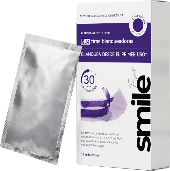 PURPLE STRIPS V34: caja de tiras blanqueadoras y sobre