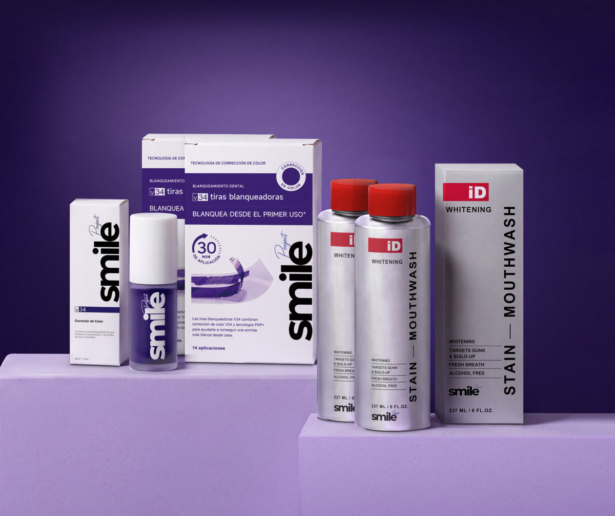 Kit blanqueador Smile Project: PURPLE V34, dos cajas de PURPLE STRIPS V34 y dos enjuagues bucales