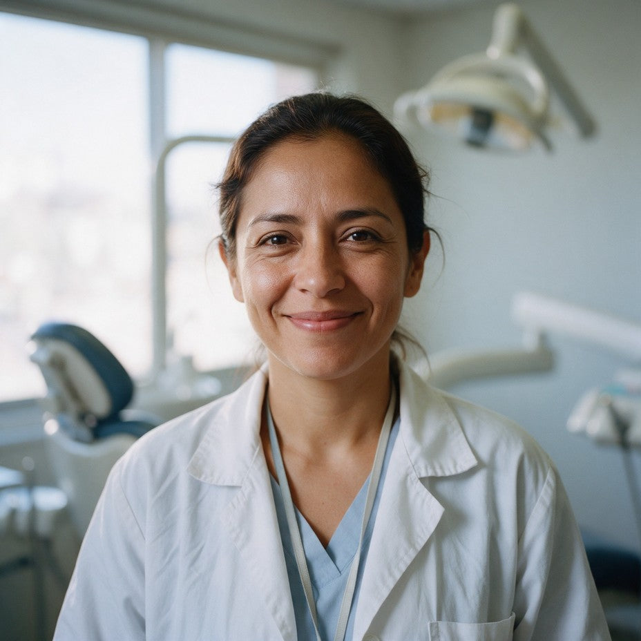 Retrato de la Dra. Irene Martínez, dentista, en su consultorio