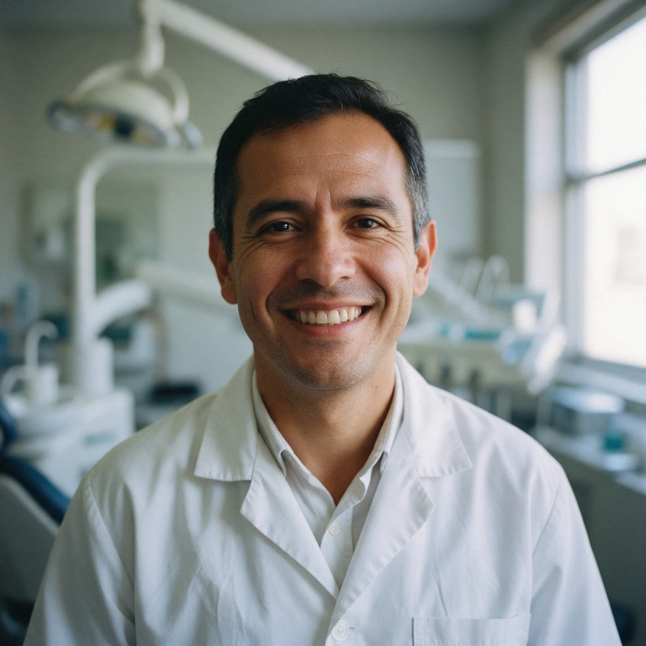 Retrato del Dr. Andrés Salgado, dentista, en su consultorio